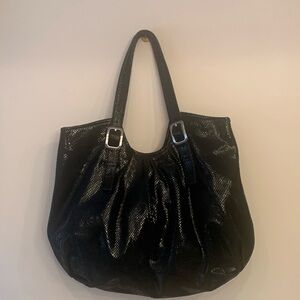 NWT Cole Haan black Marabelle print genuine leather ruched shoulder tote